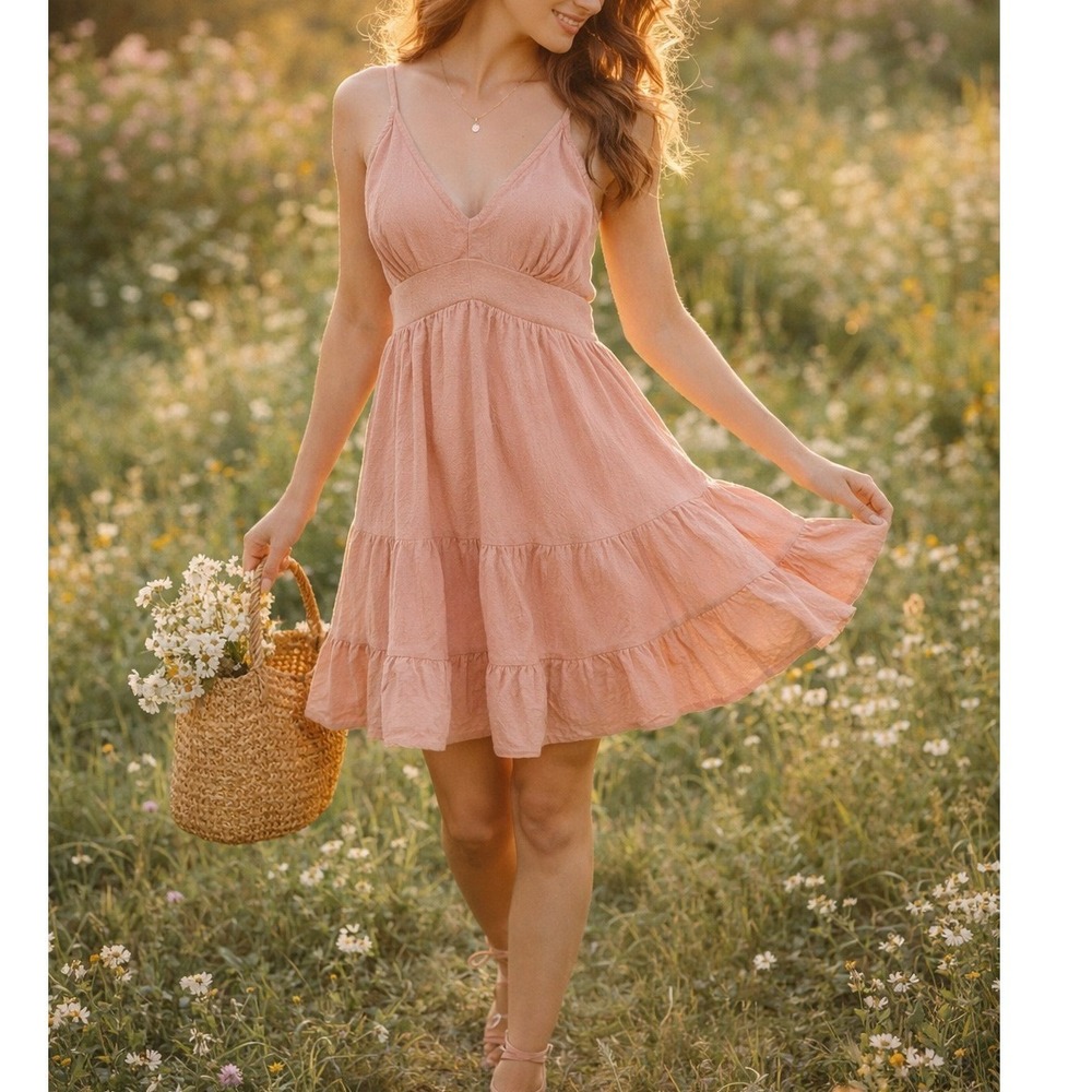 SBetro Pink Tie Back Sundress Tiered Ruffle Boho Mini Dress Summer Size S Dreamy